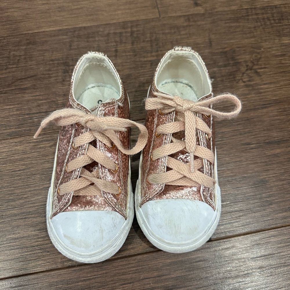 Converse Kids Rose Gold Glitter Sneakers with Pink Laces
